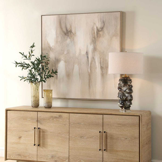 Abstract art piece with beige and brown tones on a white background