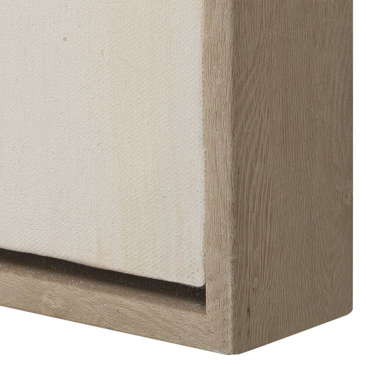 Close-up of a corner with wooden frame and beige fabric background