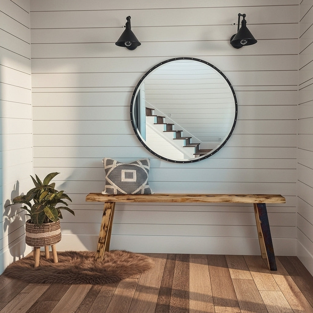Foyer with round mirror, wooden bench, and decorative pillow on a light wood floor.