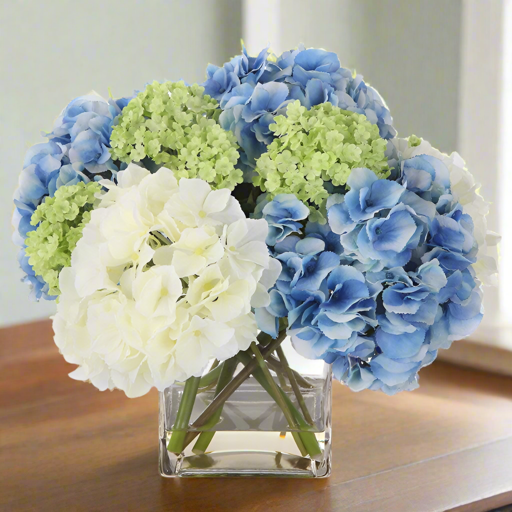 Fake Hydrangeas in a Glass Vase.