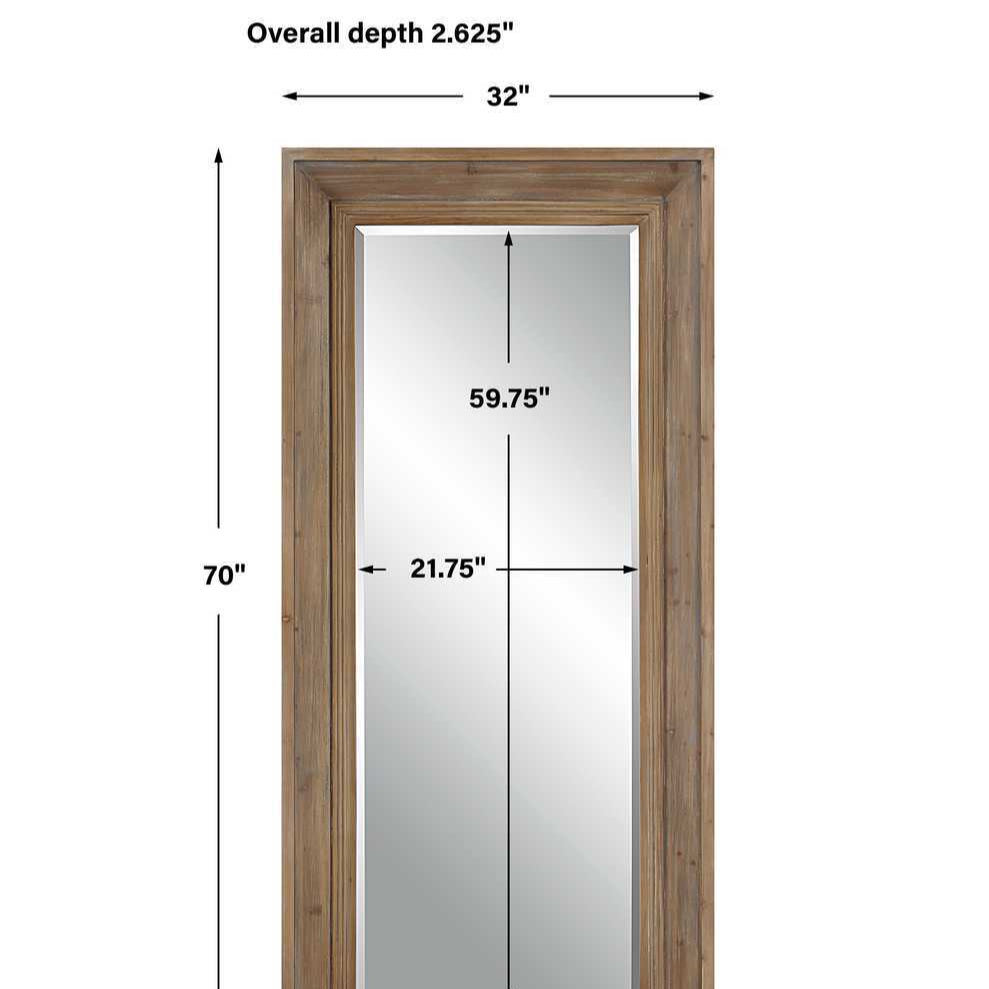 Wooden mirror with dimensions labeled on a white background