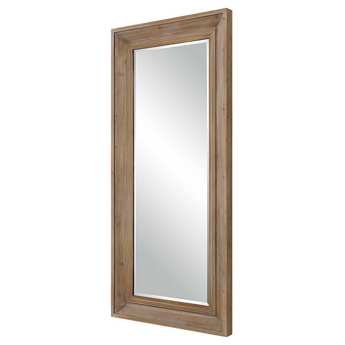 Wooden-framed mirror on a white background
