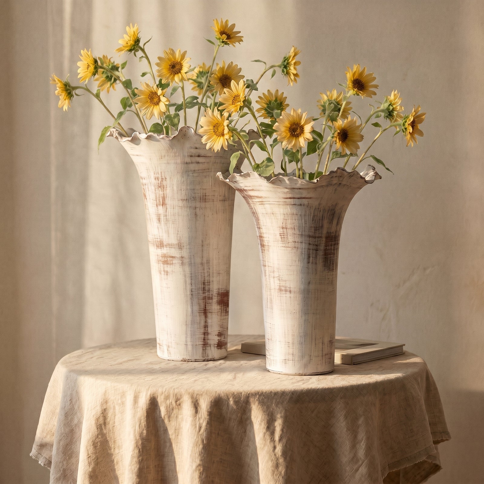 Two rustic farmhouse white vases with sunflowers.