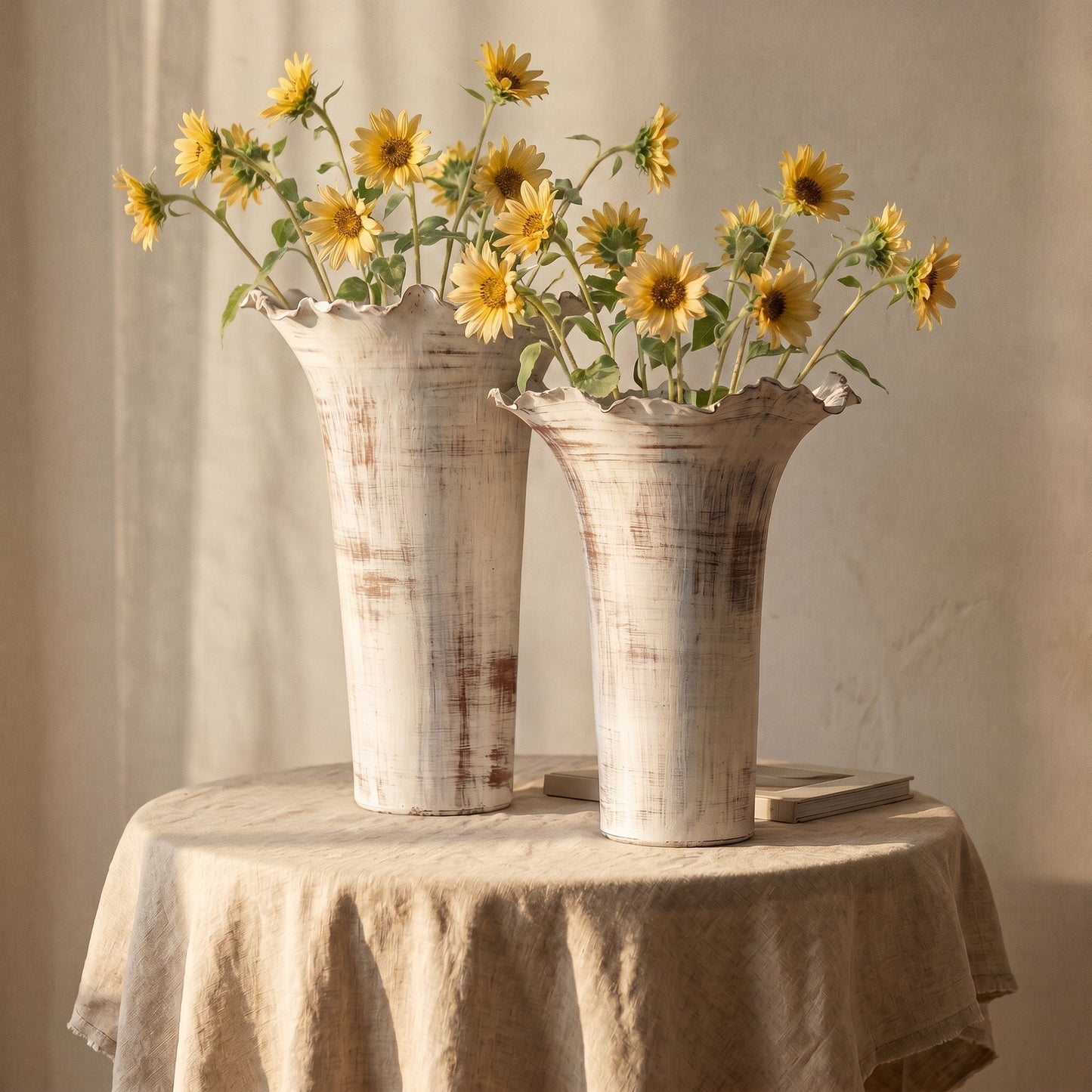 Two rustic farmhouse white vases with sunflowers.
