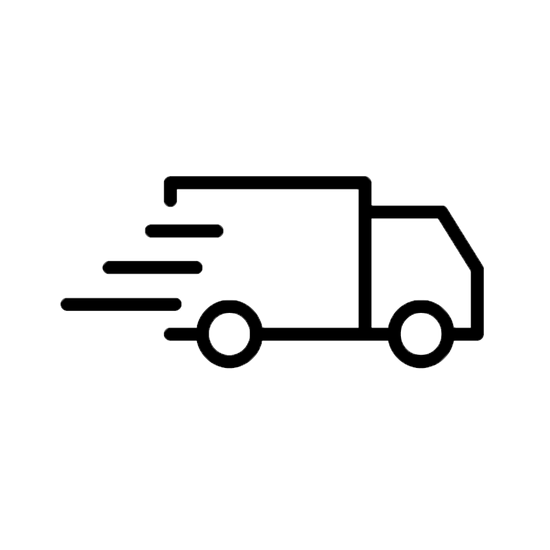 Black outline of a delivery truck with speed lines on a white background