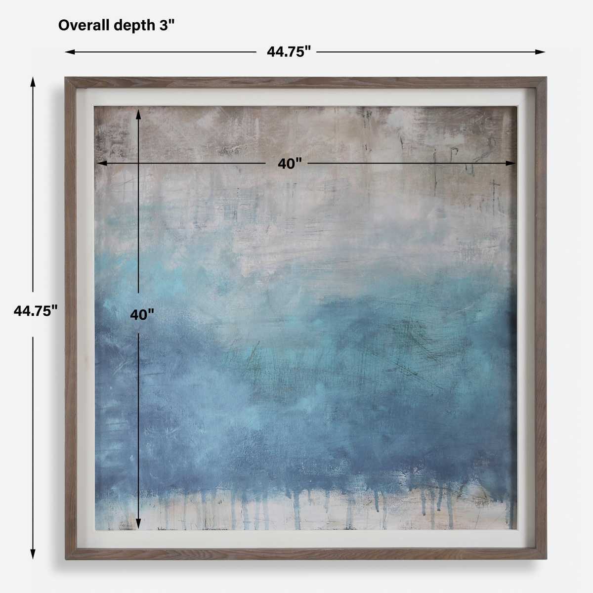 Framed abstract painting with dimensions indicated on a white background
