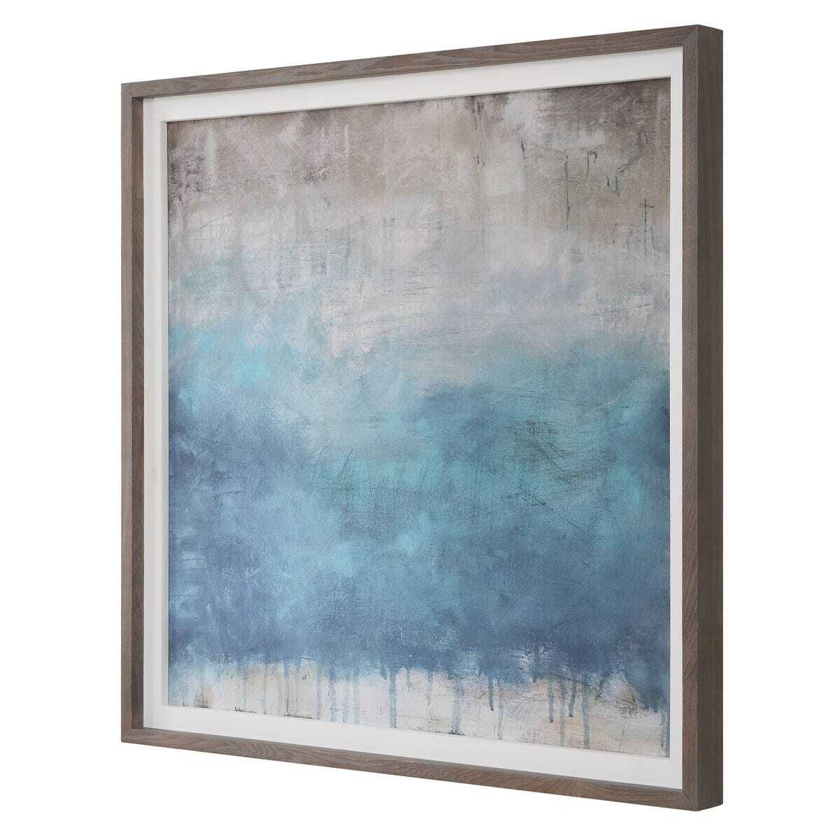 Framed abstract painting with blue and gray tones on a white background
