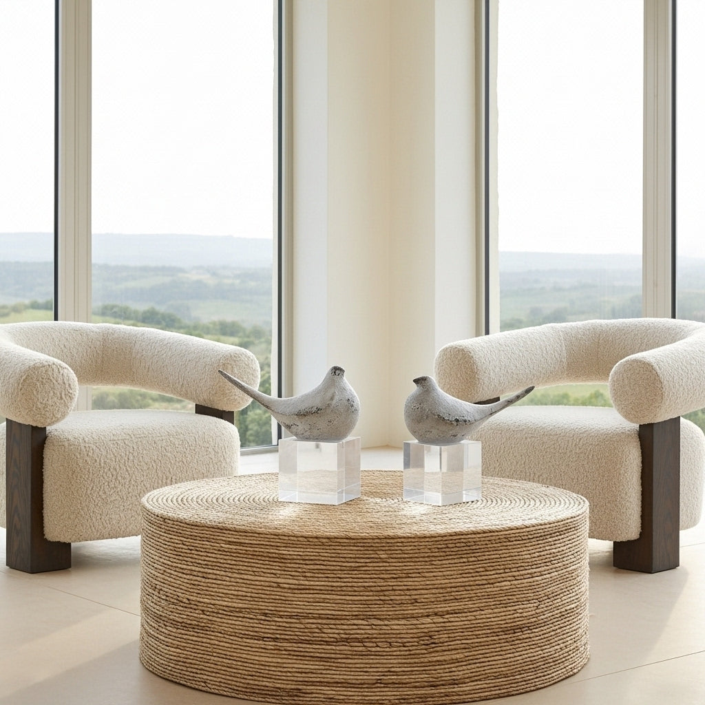 Modern living room with two cream armchairs and a round woven coffee table, large windows showing a scenic view.