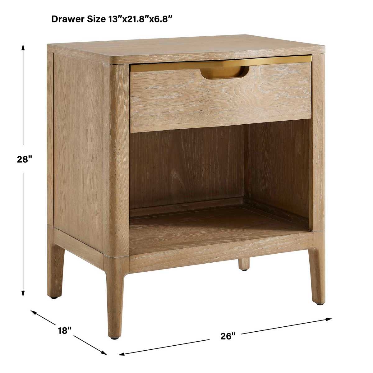 Wooden nightstand with dimensions labeled on a white background
