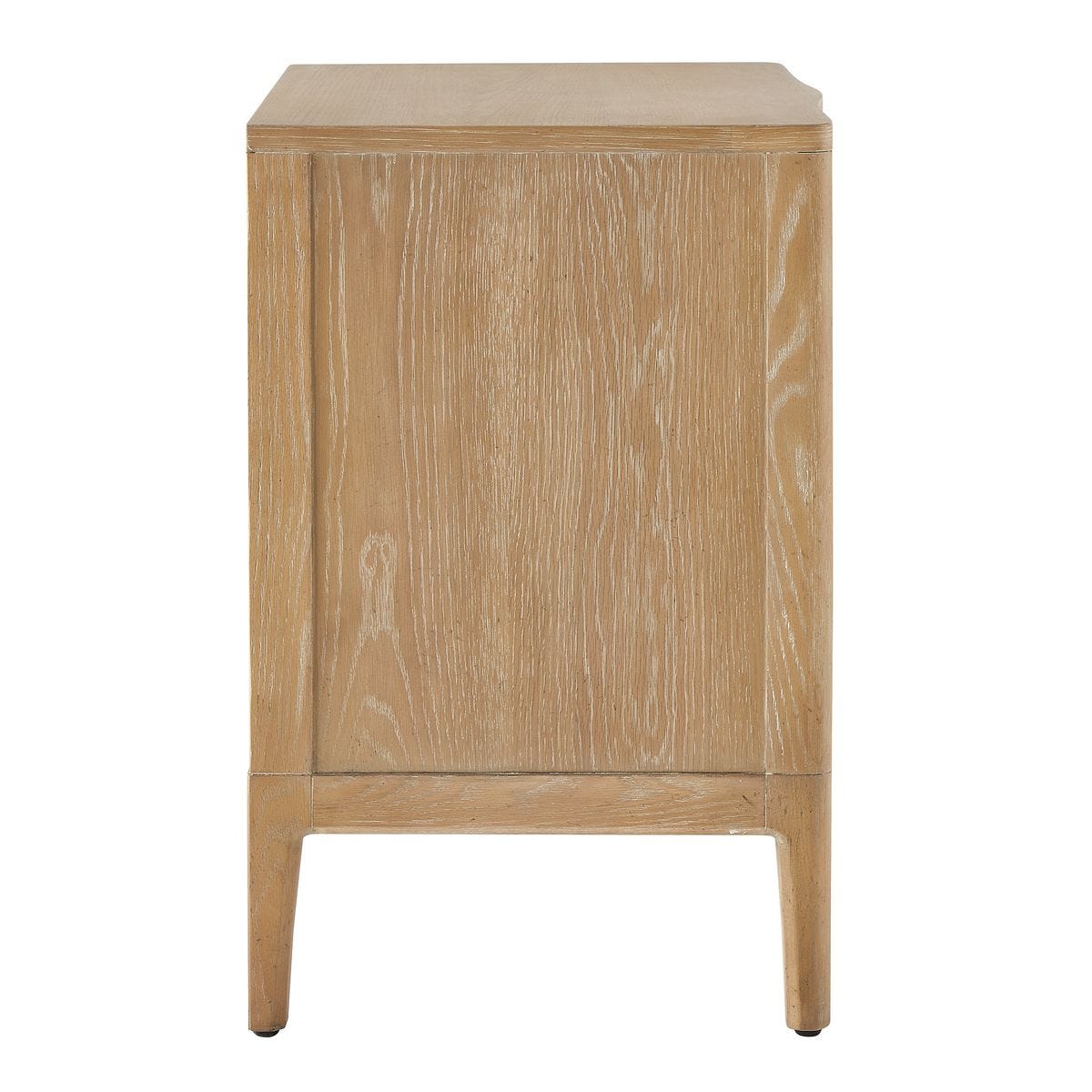 Wooden side table with a light brown finish on a white background