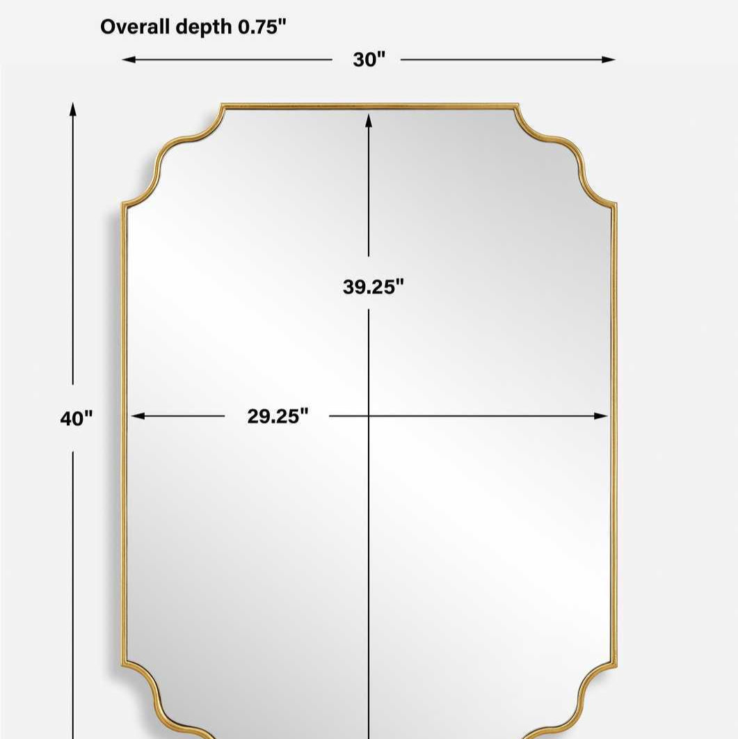Measurement chart of a rectangular mirror with dimensions on a white background