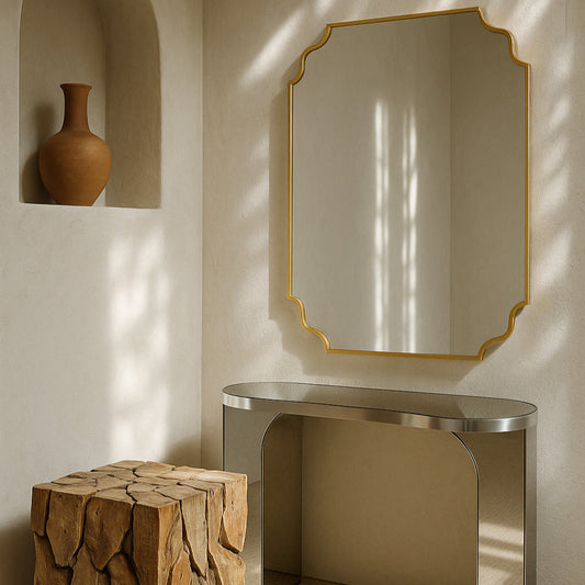 Rectangular mirror with a gold frame on a white background