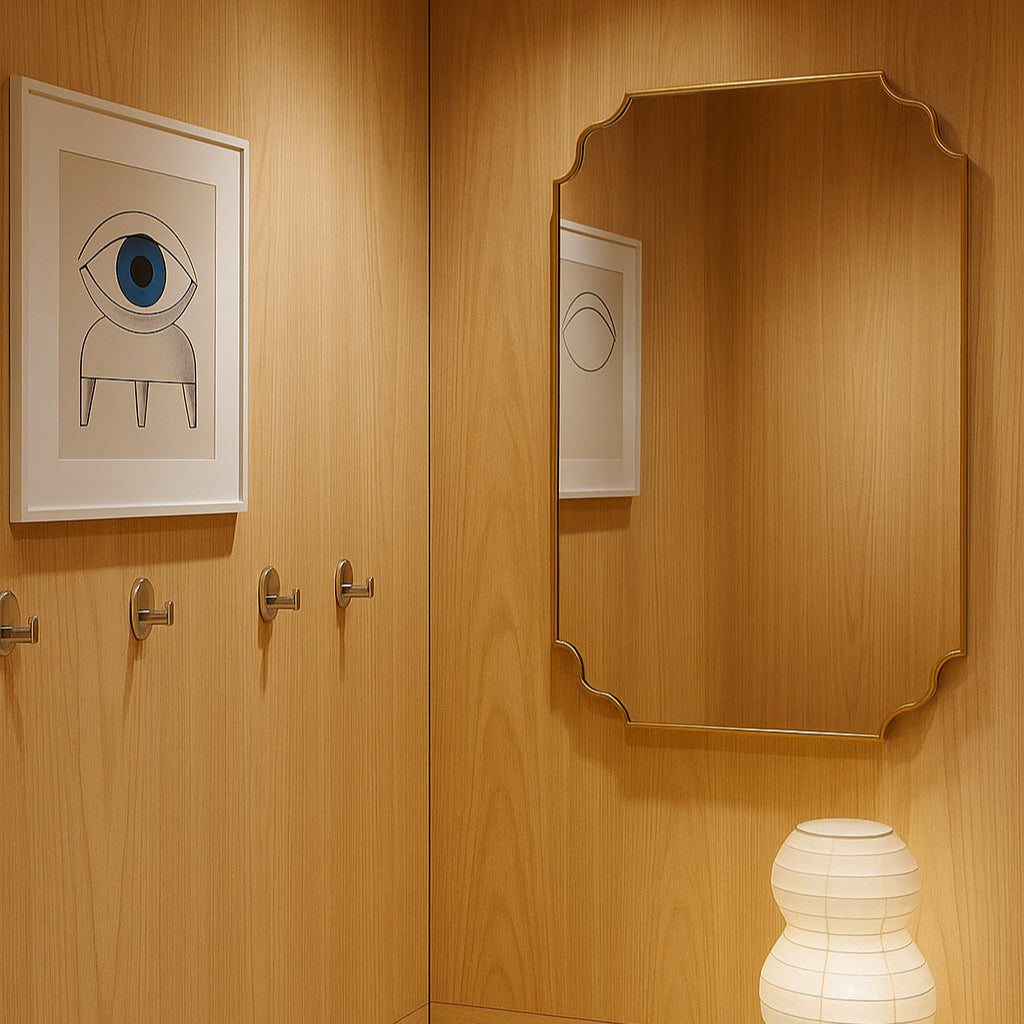 Wooden wardrobe with a mirror and framed artwork on a wooden wall.