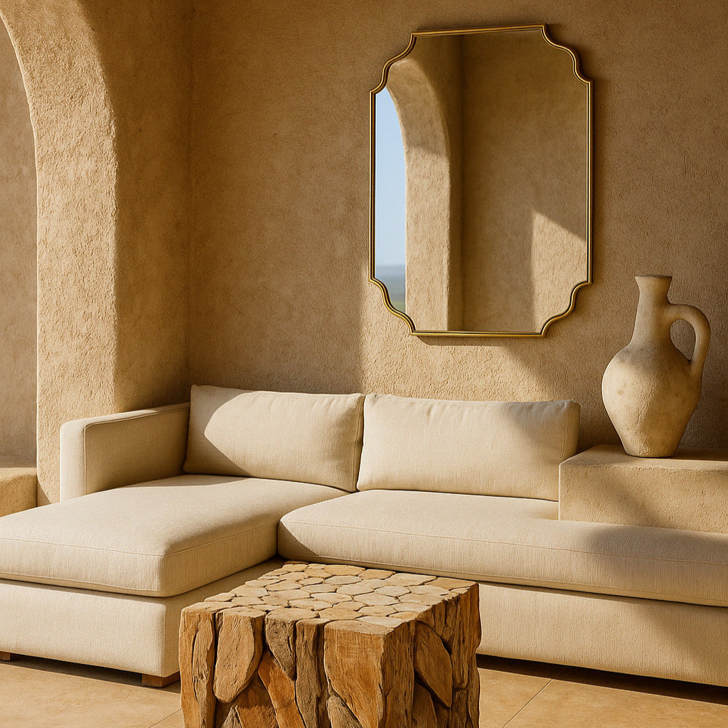 Beige interior with a sectional sofa, stone table, and decorative vase.