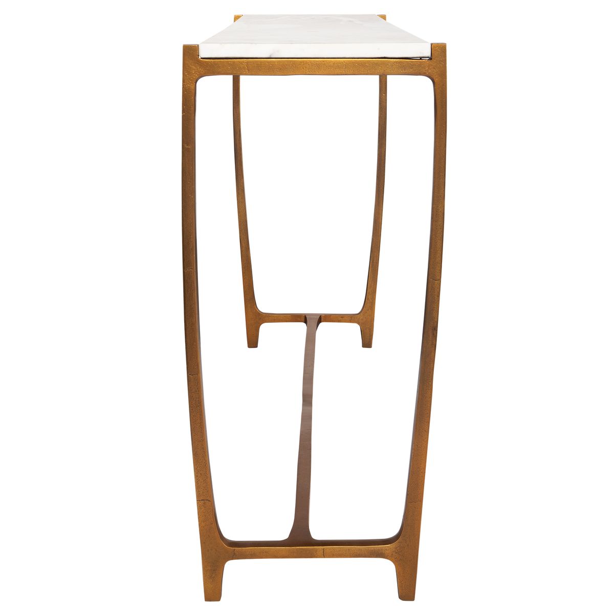 Wooden side table with white marble top on a white background