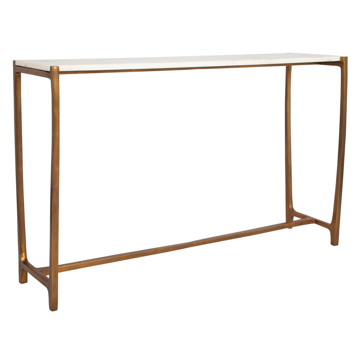 Console table with marble top and gold metal frame on a white background
