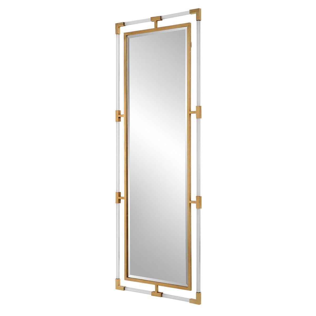 Full-length mirror with gold and white frame on a white background