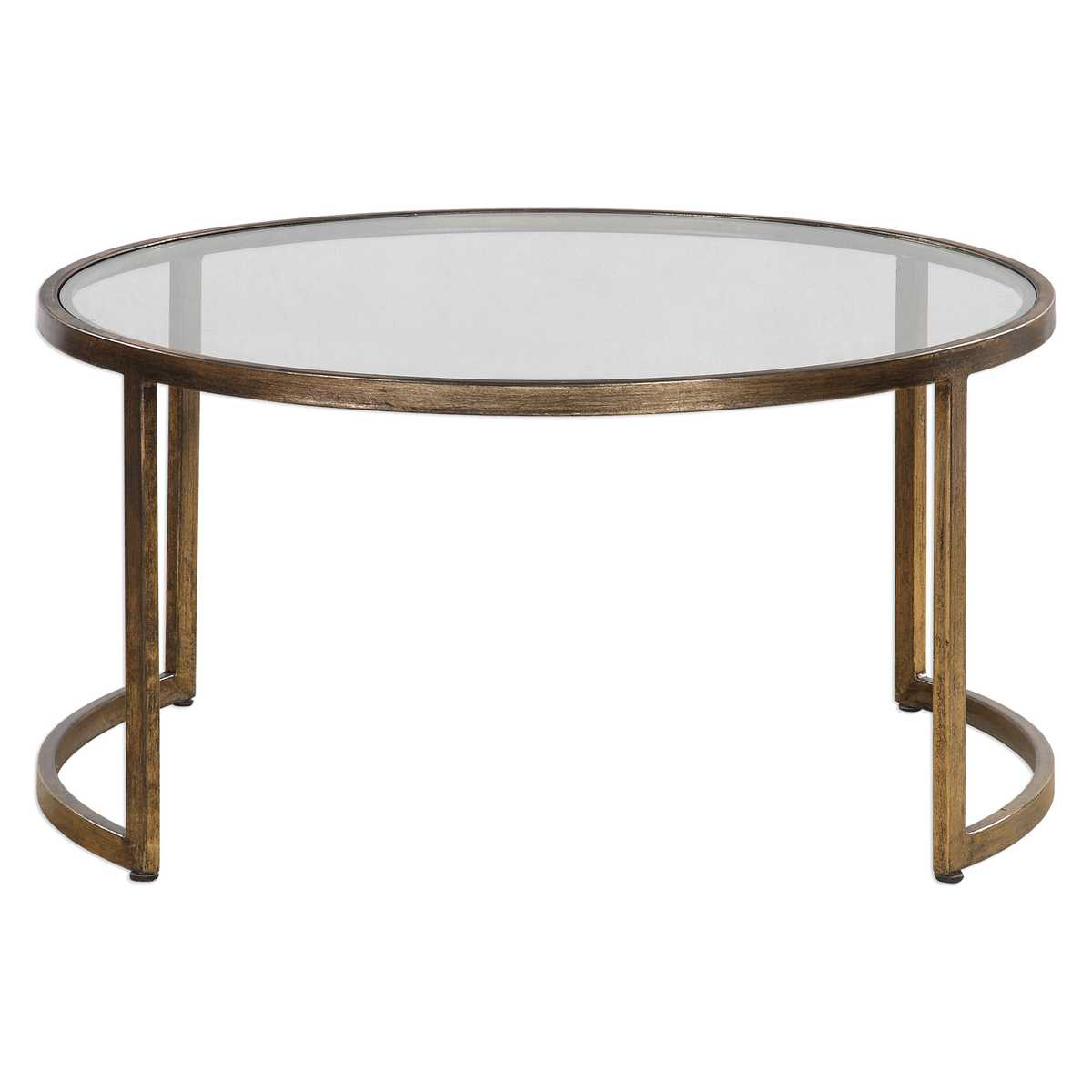 Glass nesting coffee table with gold finish.