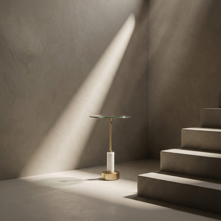 Modern interior with a table and staircase in a softly lit room