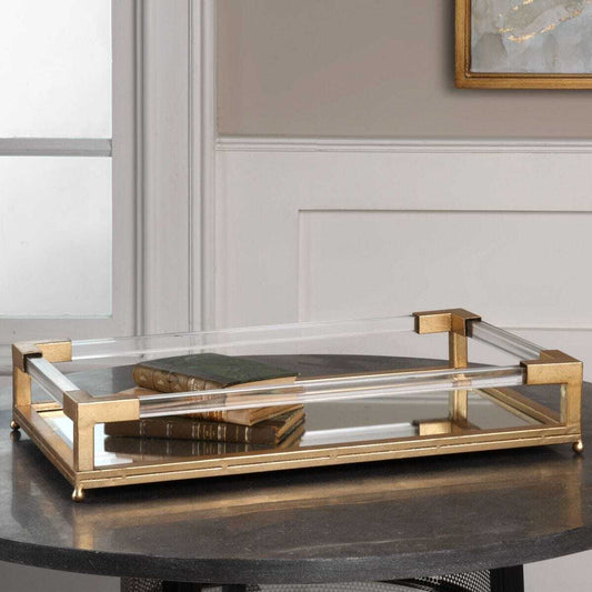 Rectangular glass tray with gold metal frame on a white background
