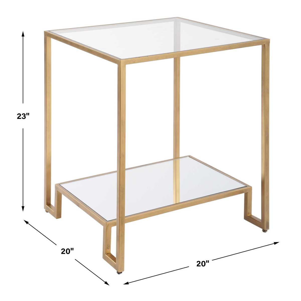 Gold-framed side table with glass top and shelf, dimensions indicated.