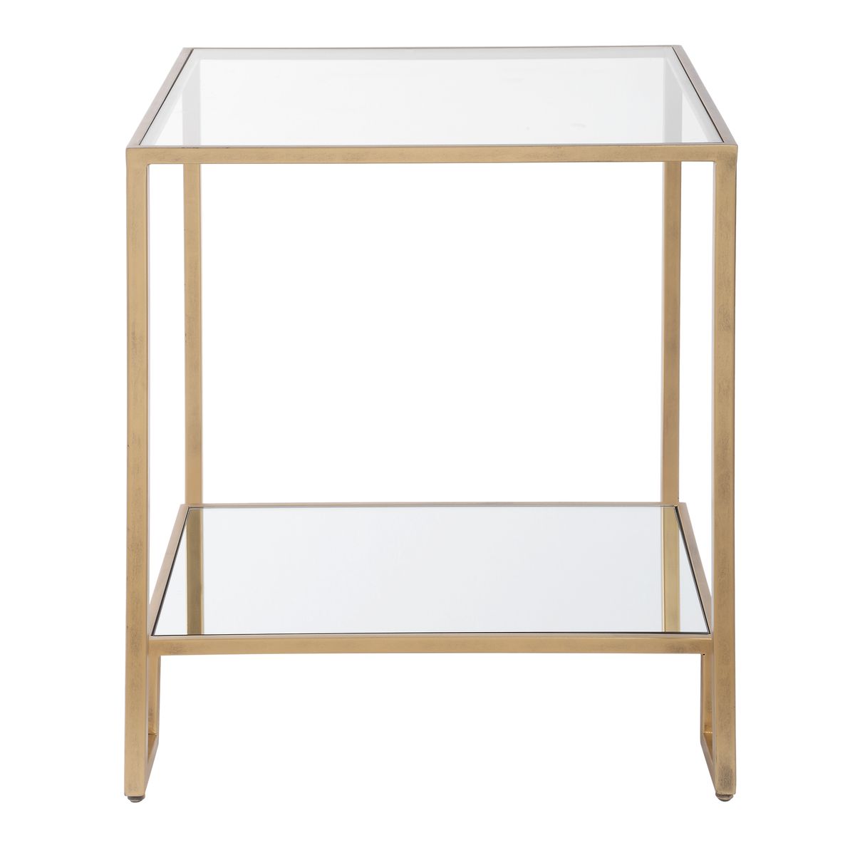 Side table with glass top and shelf on a white background