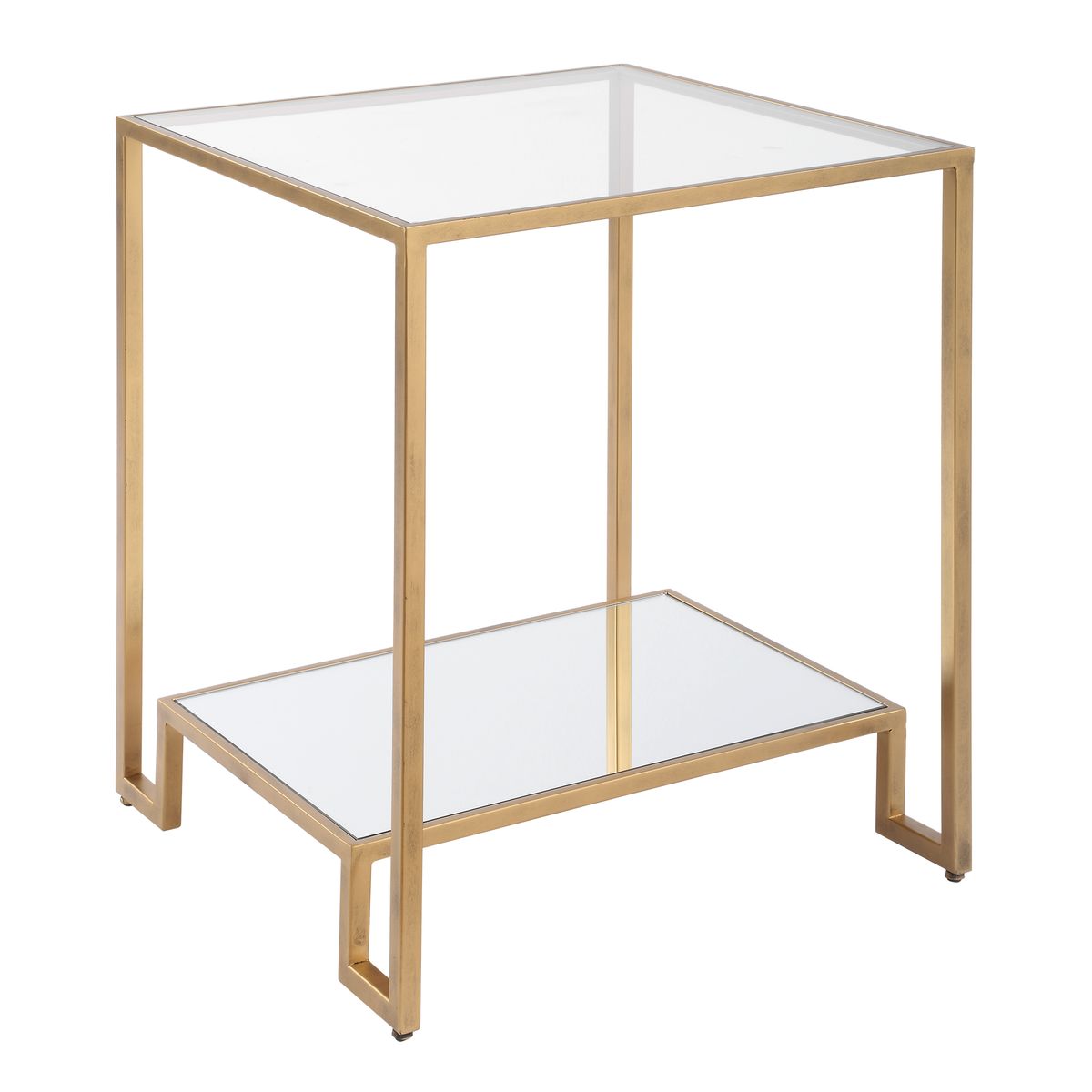 Gold-framed side table with two glass shelves on a white background