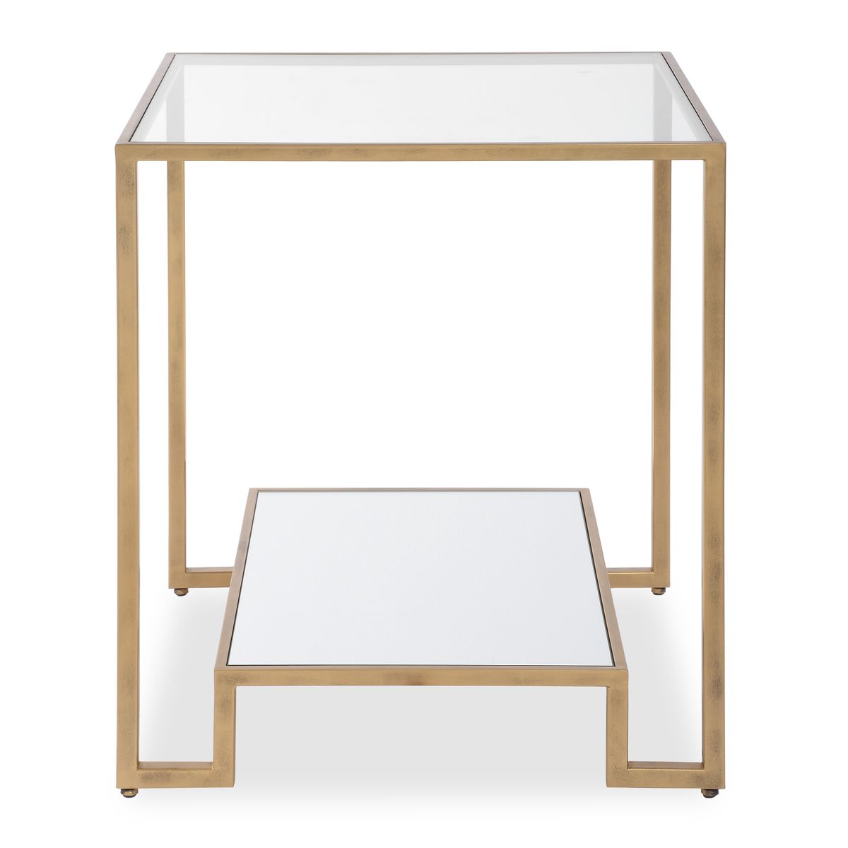 Set of two gold-framed glass tables on a white background