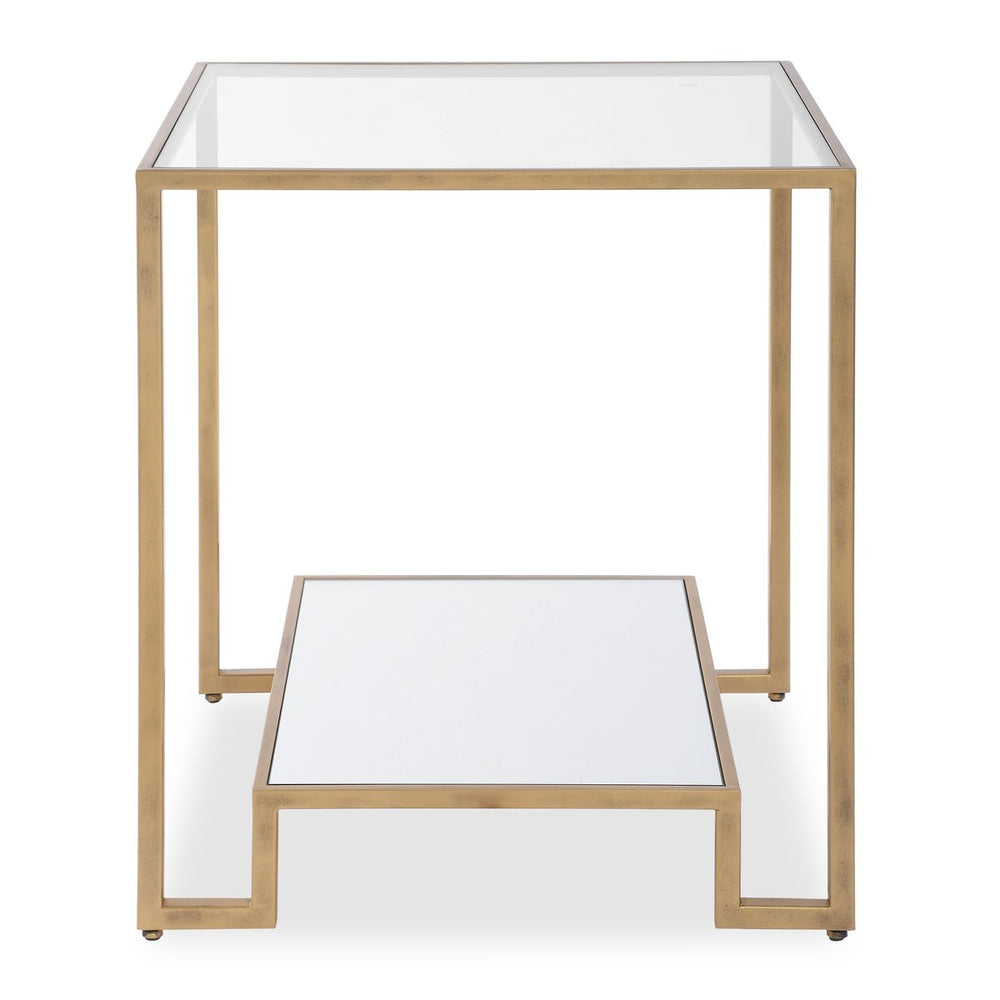 Set of two gold-framed glass tables on a white background