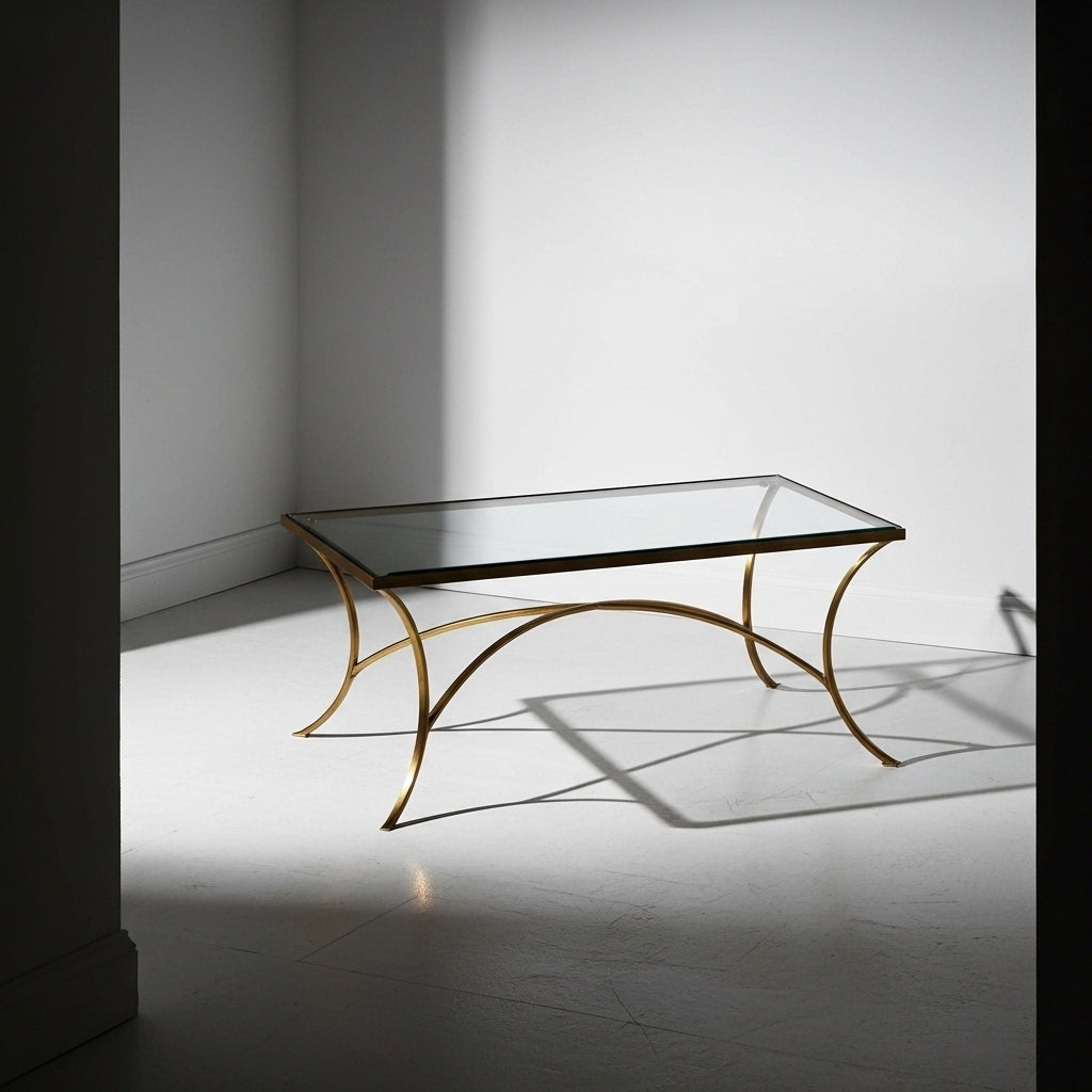 Modern coffee table with gold metal frame and glass top in a minimalistic setting