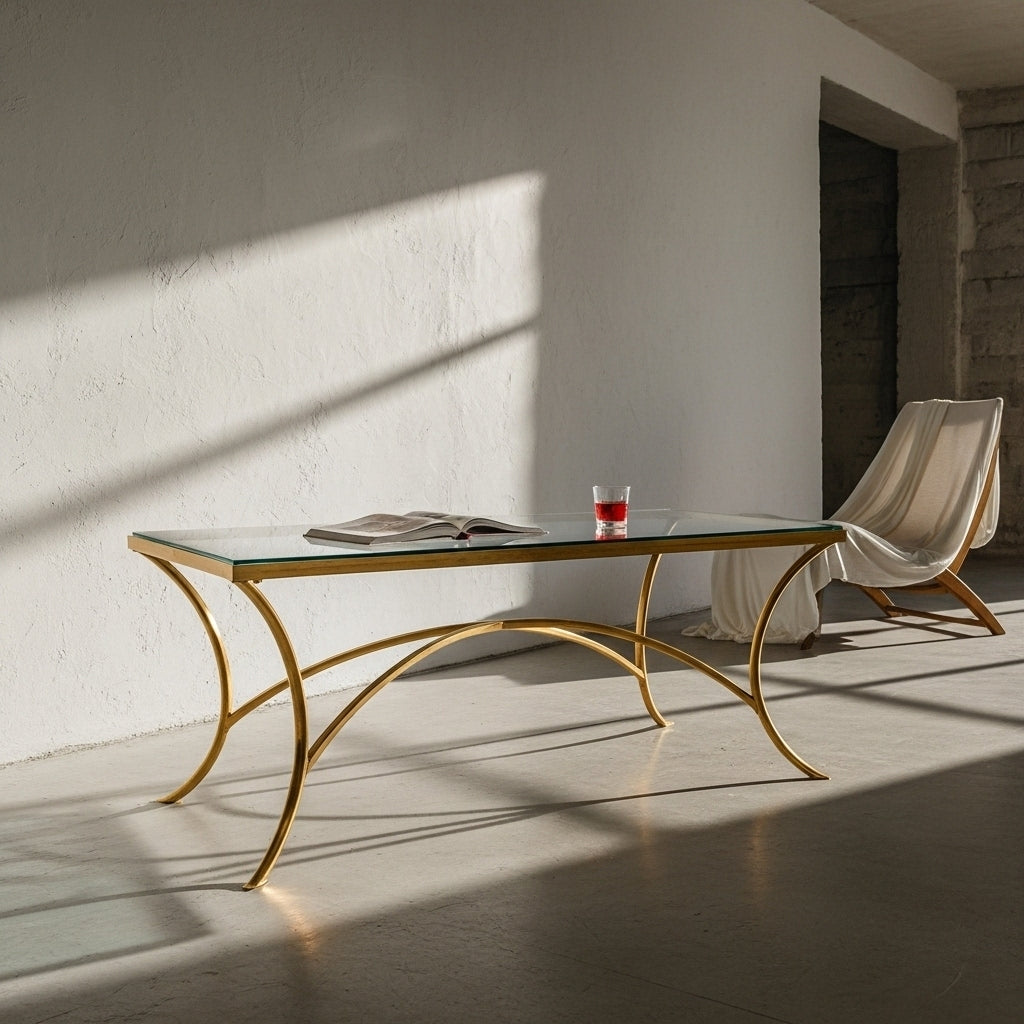 Gold coffee table with a glass top in a room with a white wall and a chair.