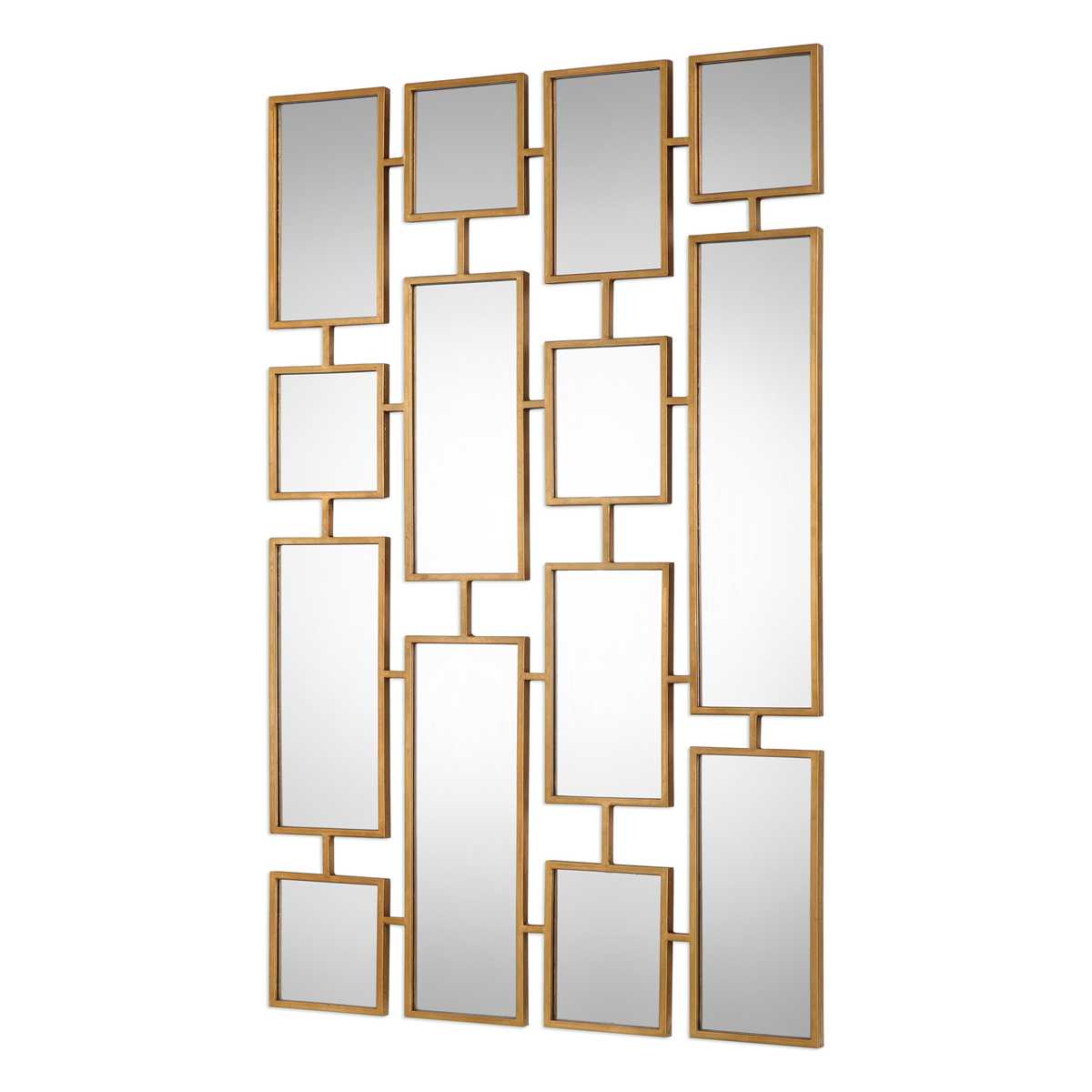 Decorative wall mirror with gold frame and square mirrors on a white background