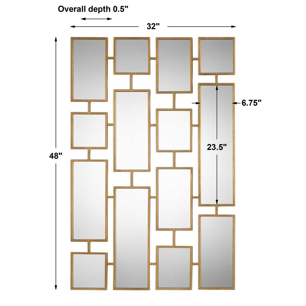 Measurement chart of a decorative wall mirror with various rectangular mirrors and gold frames.