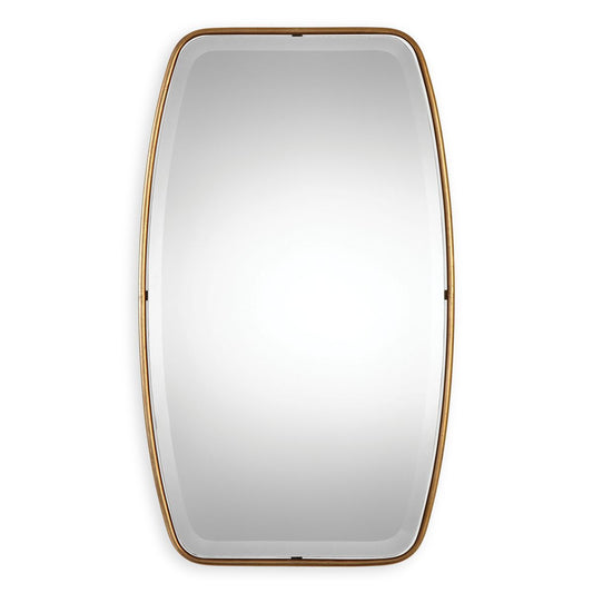 Bathroom with marble walls, gold fixtures, and a plant.