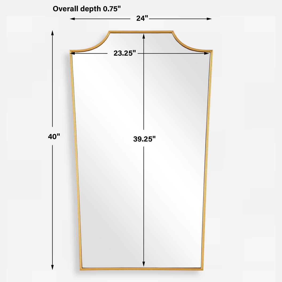 Measurement chart of a rectangular mirror with gold frame on a white background
