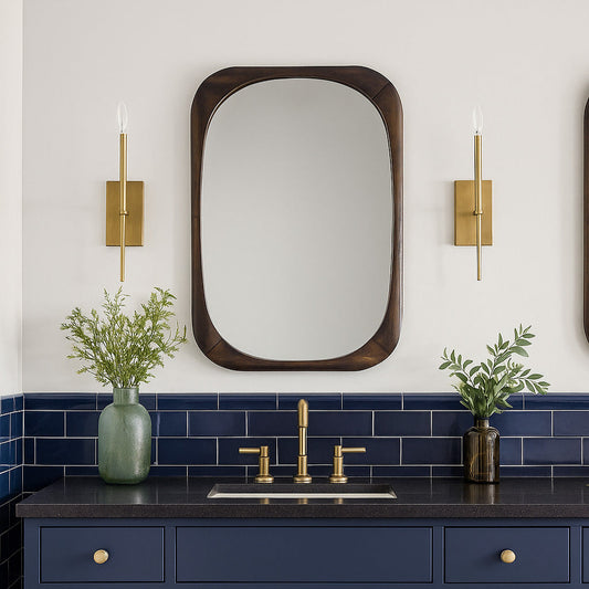 Rectangular mirror with a dark wood frame on a white background