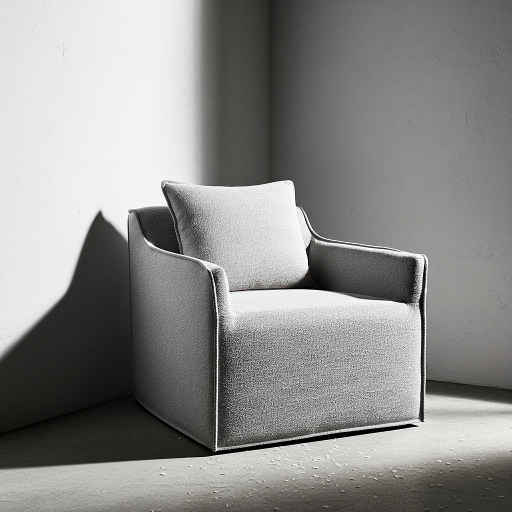 Gray armchair with a cushion against a plain wall