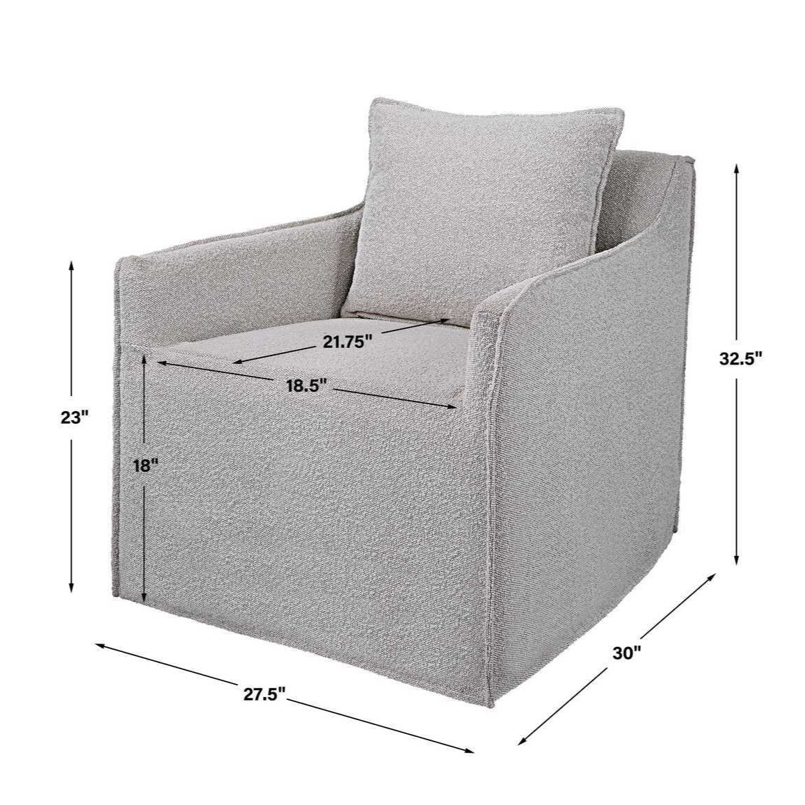Gray armchair with dimensions marked on a white background