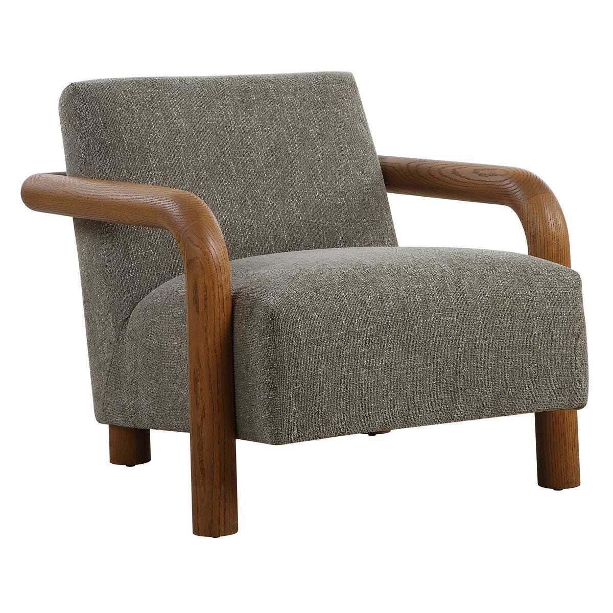 Gray upholstered armchair with wooden arms and legs on a white background