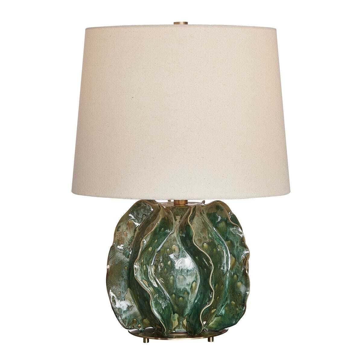 Table lamp with a green textured base and beige lampshade on a white background