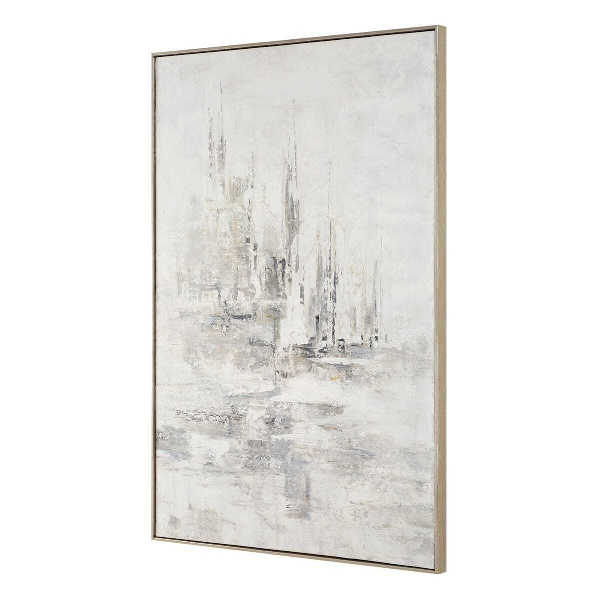 Abstract art painting in a gold frame on a white background