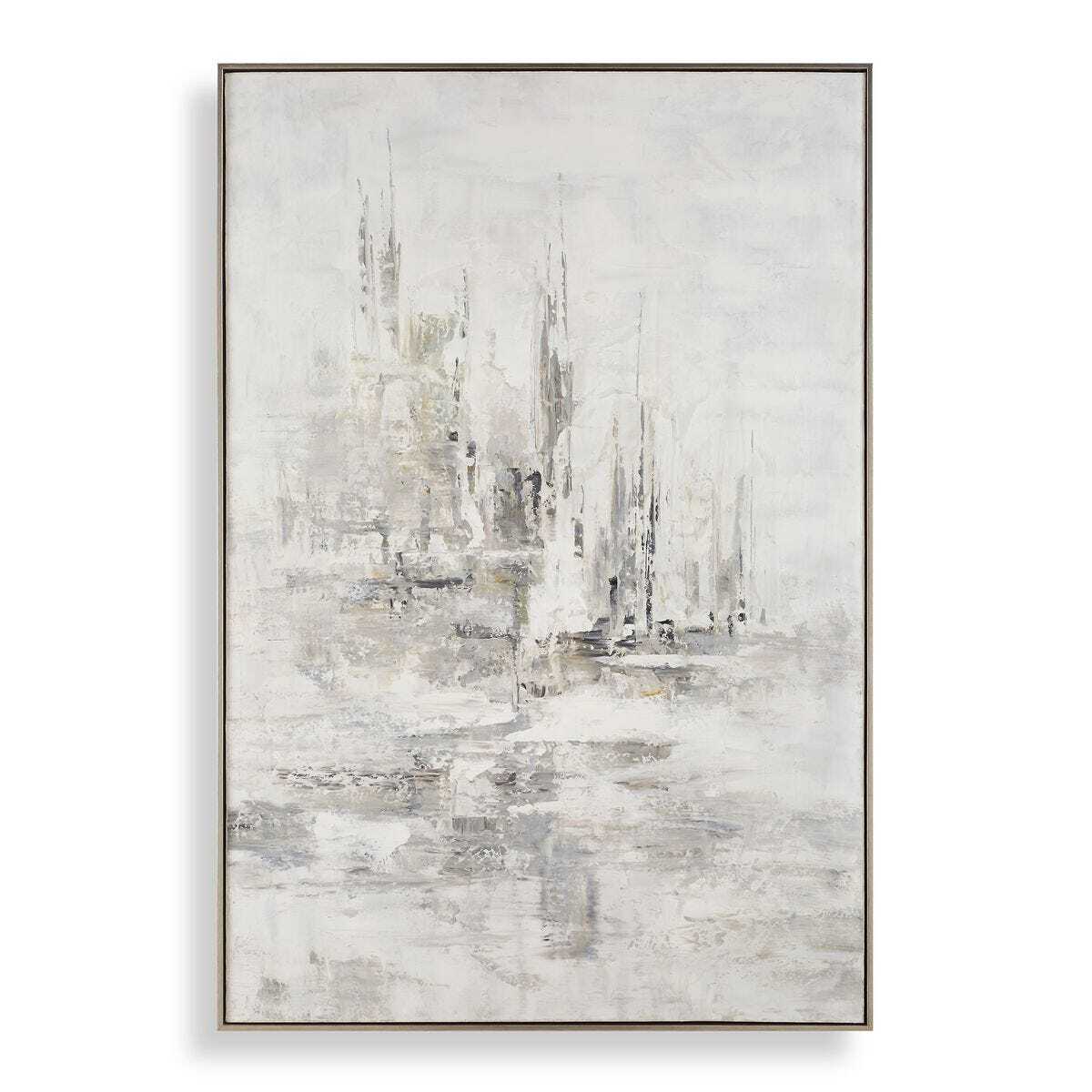 Abstract framed wall art featuring a soft, painterly cityscape or architectural scene in muted gray, white, and light beige tones, shown hanging against a plain white wall.