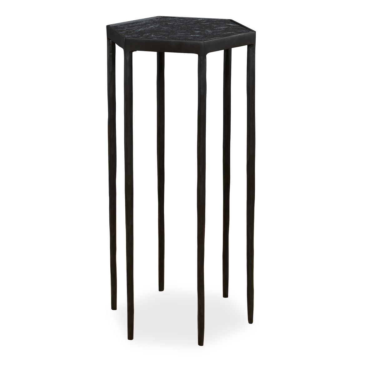Hexagonal black side table on a white background