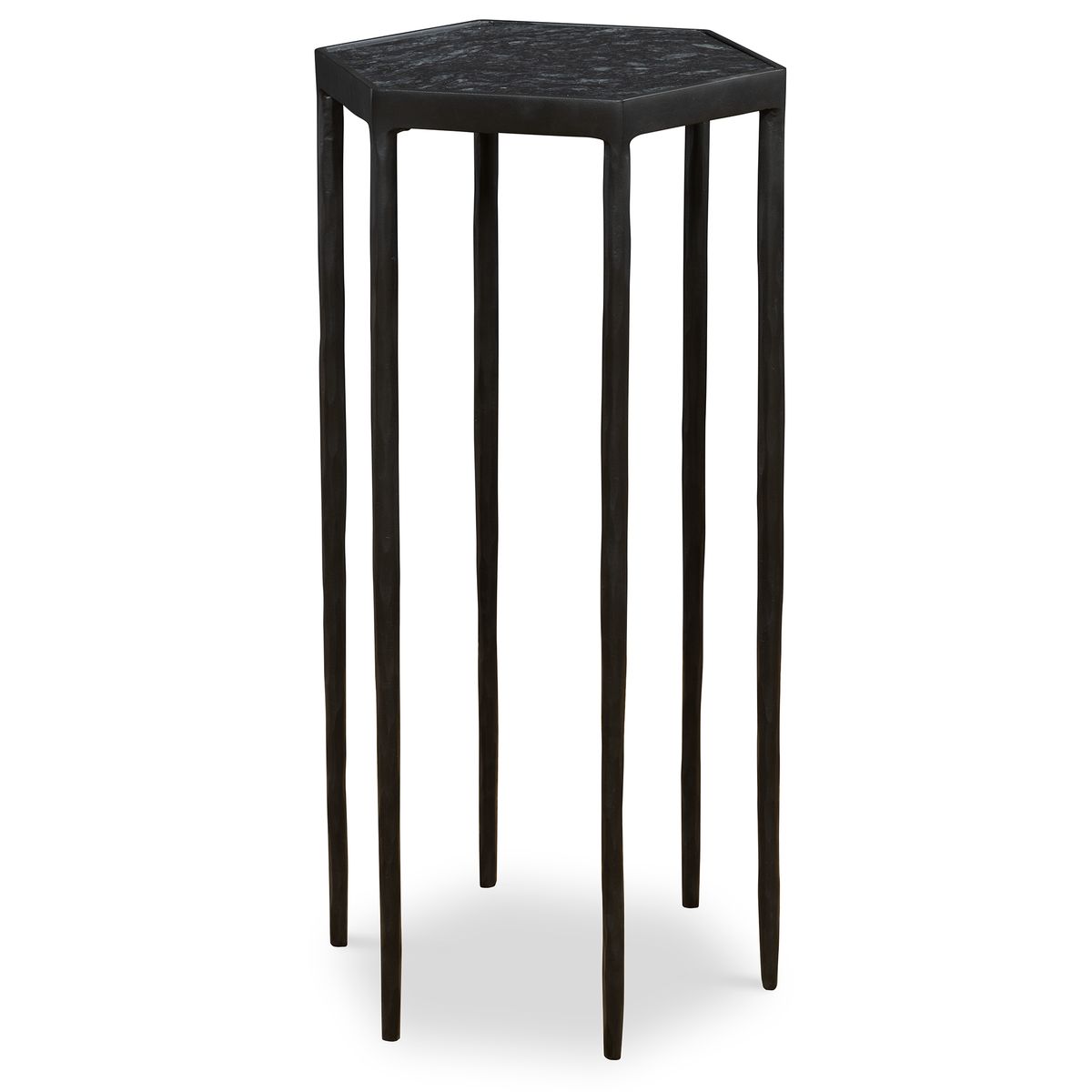 Hexagonal black side table on a white background