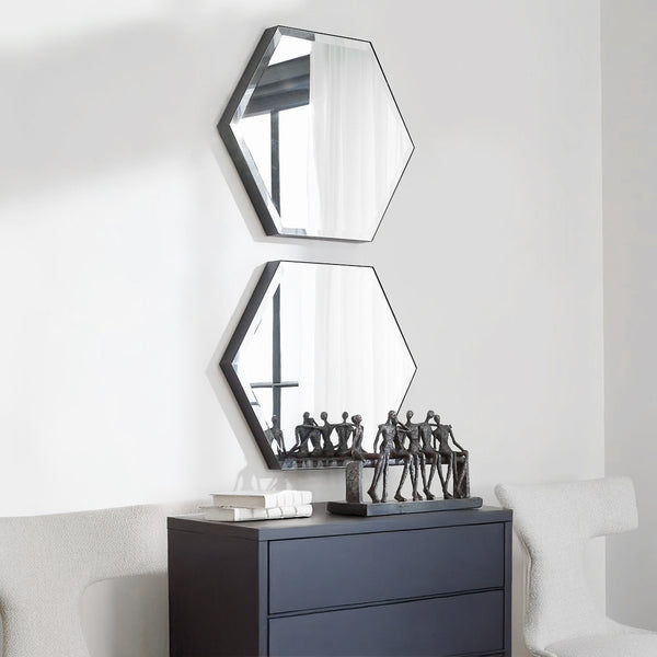 Hexagonal Mirrors above Console.