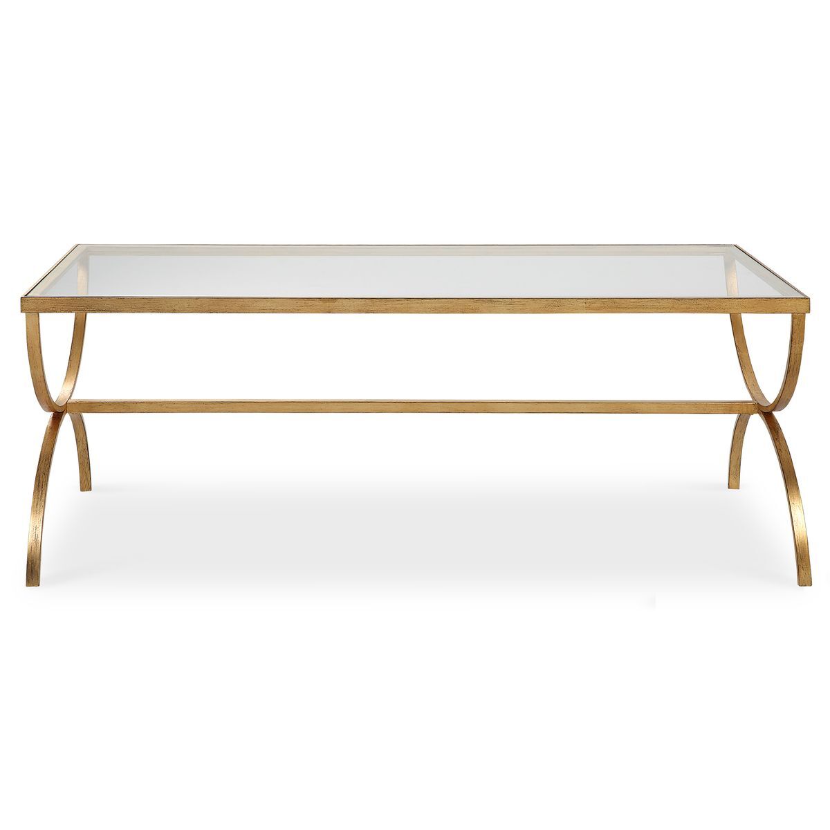Gold coffee table with glass top on a white background