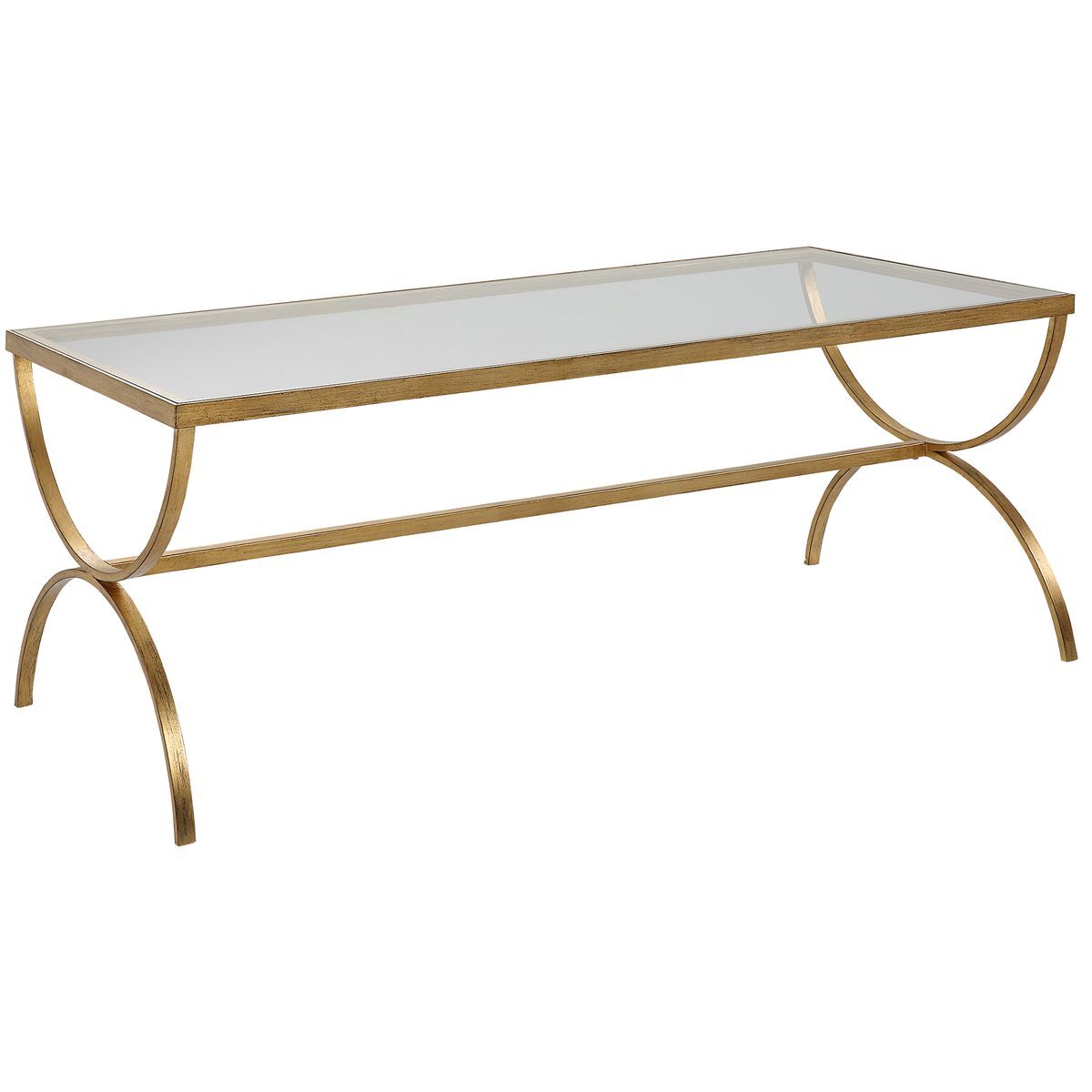 Gold coffee table with glass top on a white background