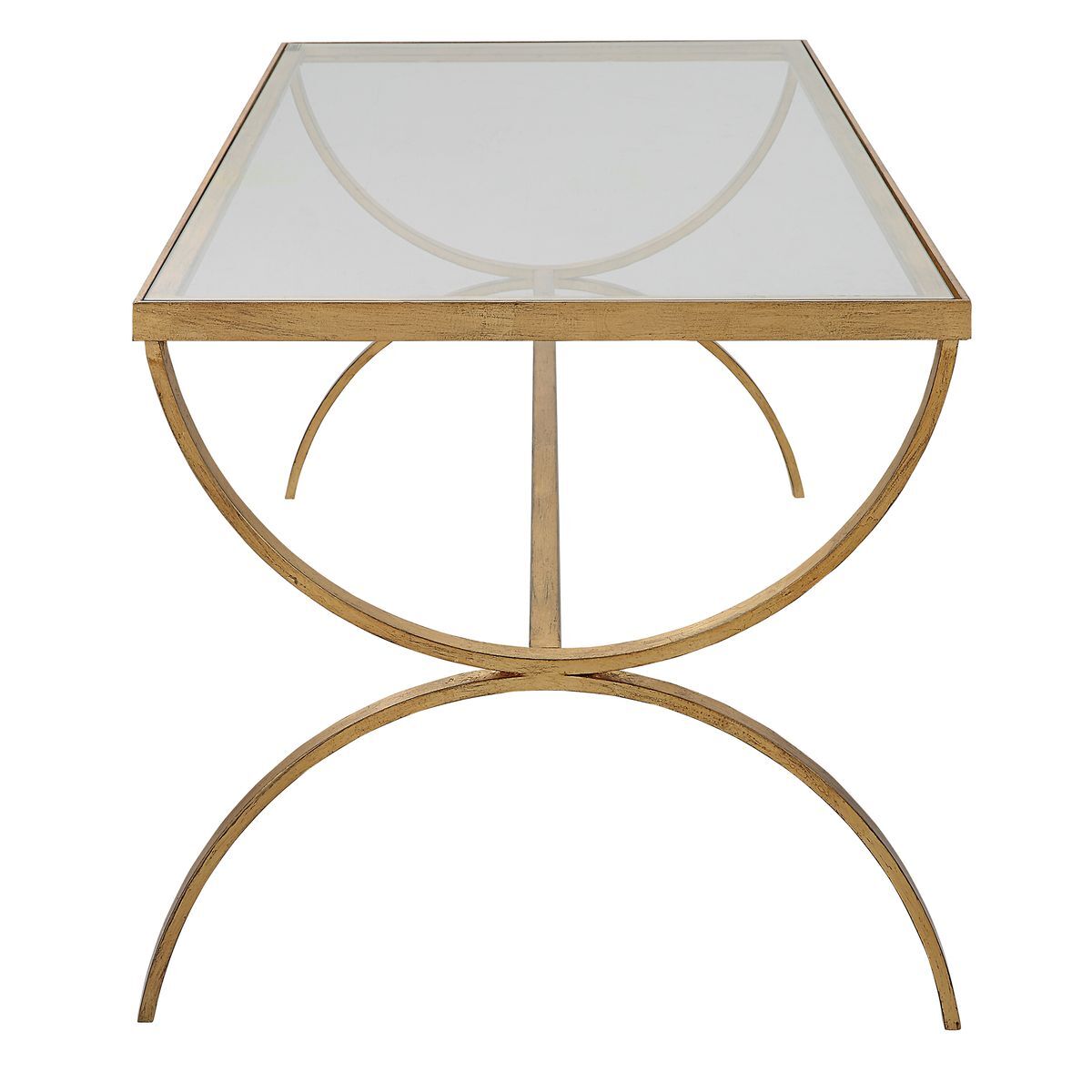 Gold side table with glass top on a white background