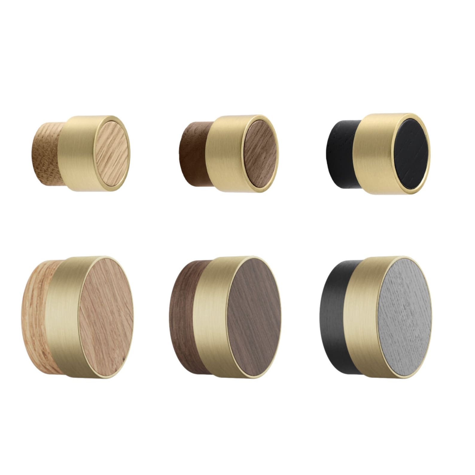 Oak, Walnut, Black and Brass "Radio"  Round Cabinet Knobs