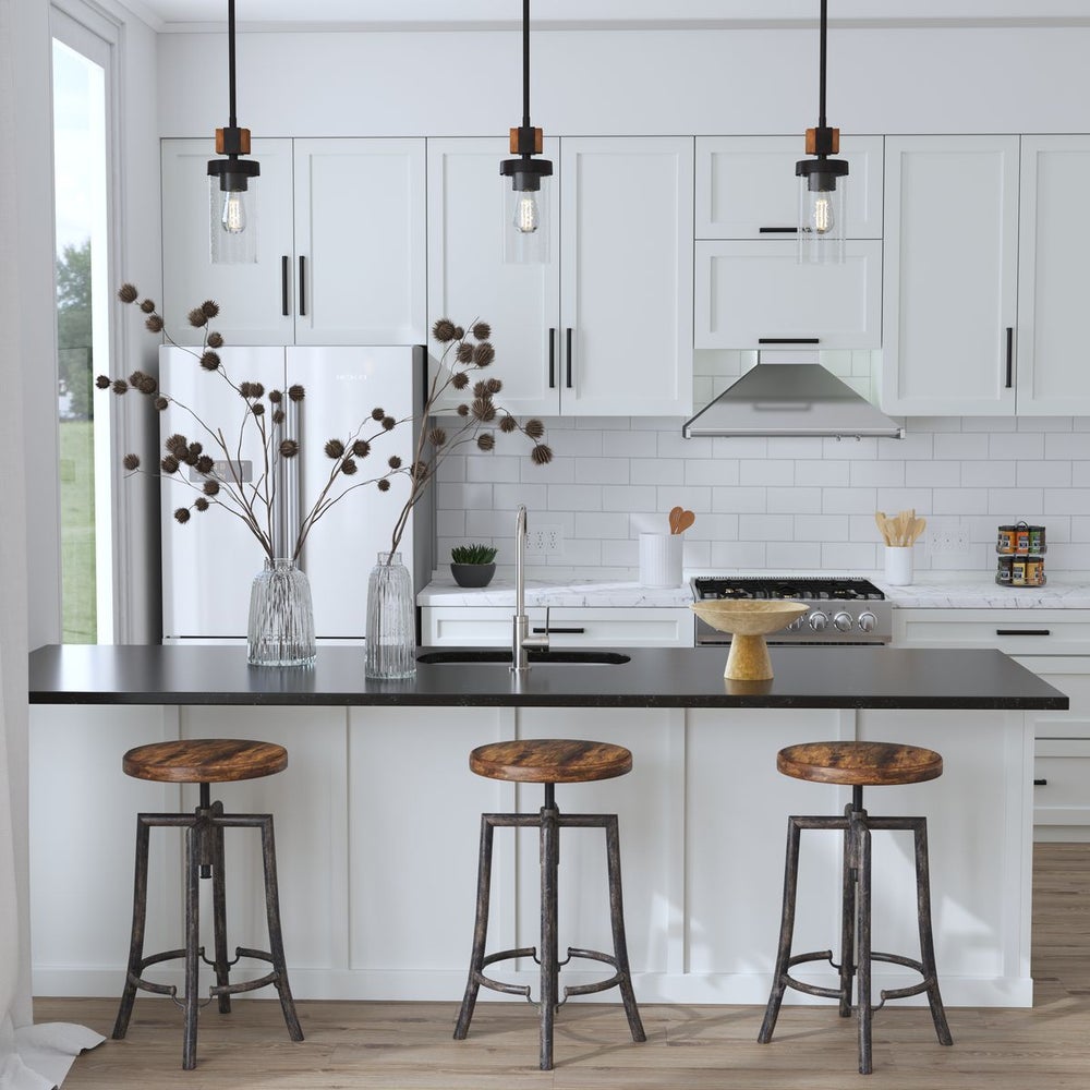 A Wood Counter Stool with Dark Walnut Finish and Industrial Iron Base.